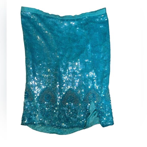 Vtg Turquoise Seguin Floral Applique Sheer Panel Blouse And Skirt Coord Set L - Picture 8 of 9